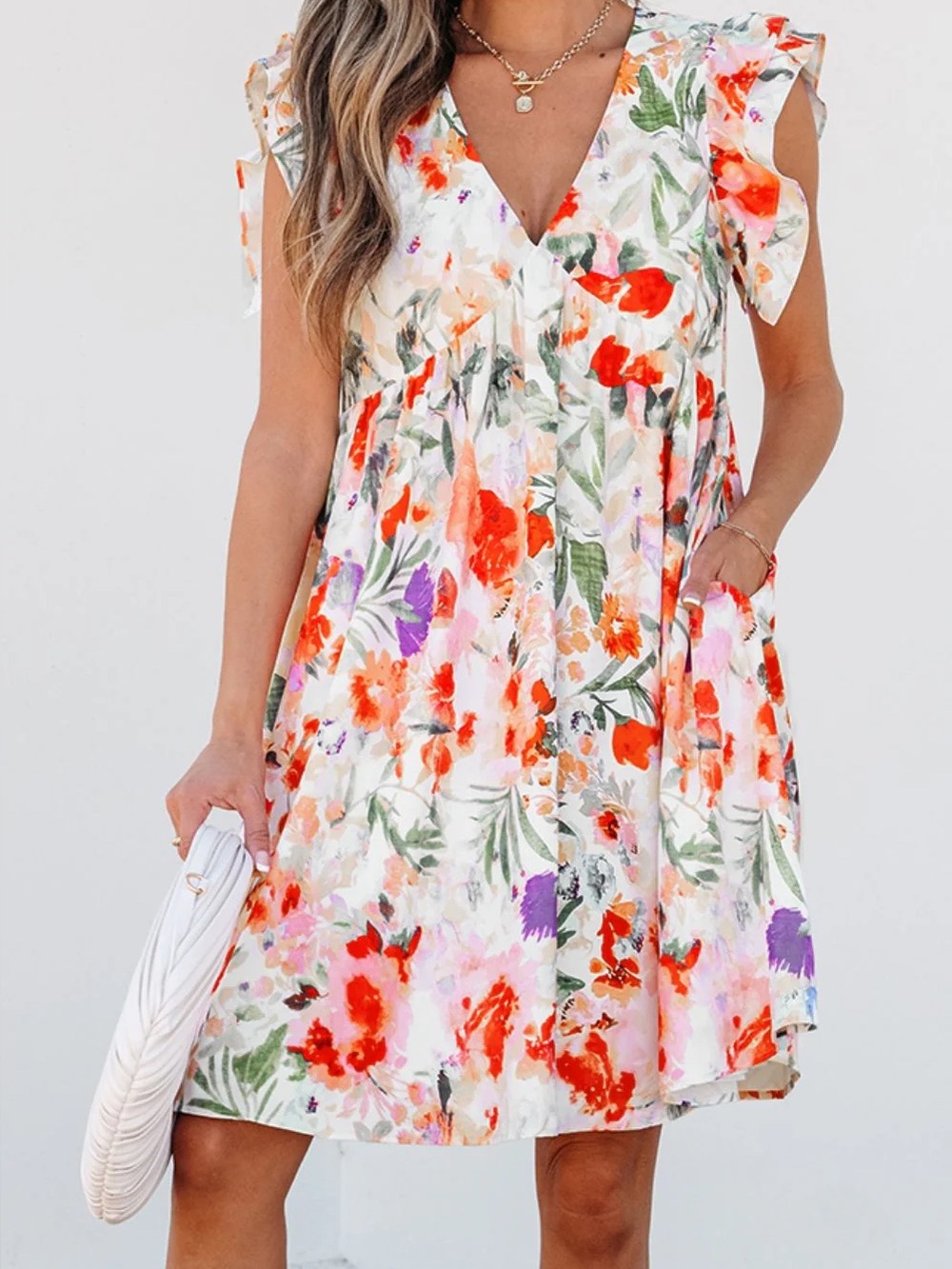 Floral V-Neck Flutter Sleeve Dress - White/Orange